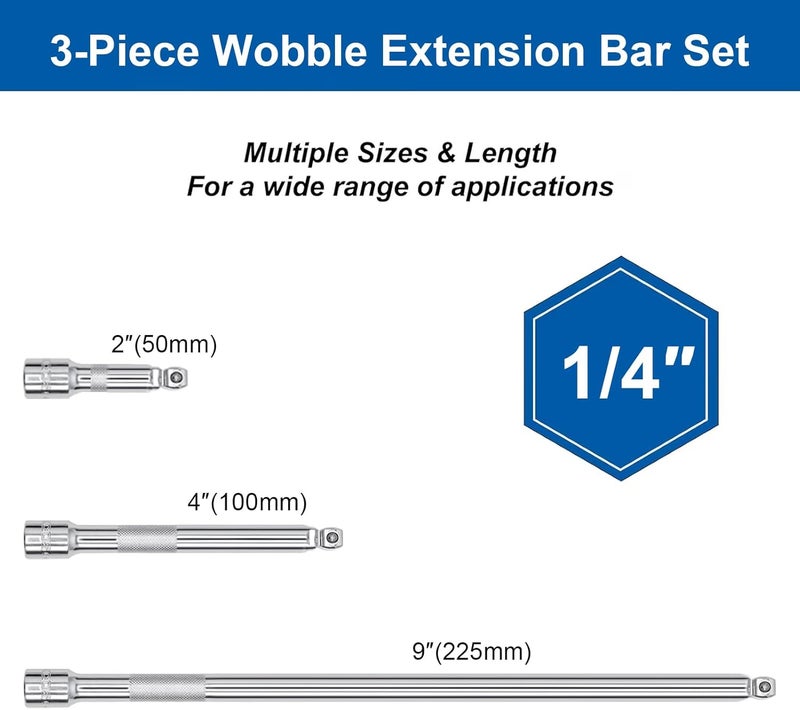 DAZCOS 3 Pieces 1/4 Inch Drive Wobble Extension Set Includes 2 4 9 Inch Extensions Premium Chrome Vanadium Steel with Mirror Finish - Image 2